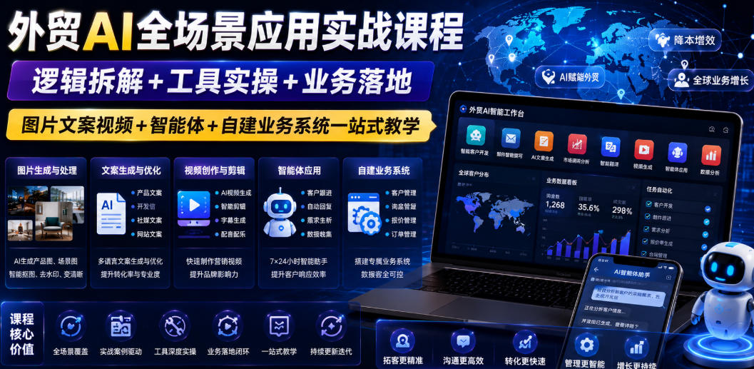 外贸AI全场景应用实战课程｜逻辑拆解+工具实操+业务落地，图片文案视频+智能体+自建业务系统一站式教学-聚富社