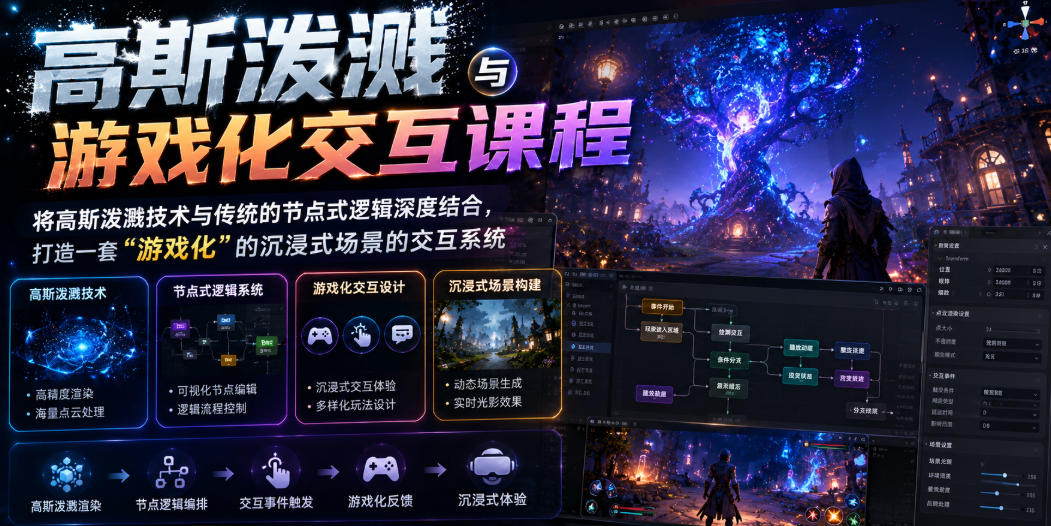 高斯泼溅与游戏化交互课程，将高斯泼溅技术与传统的节点式逻辑深度结合，打造一套“游戏化”的沉浸式场景的交互系统-聚富社