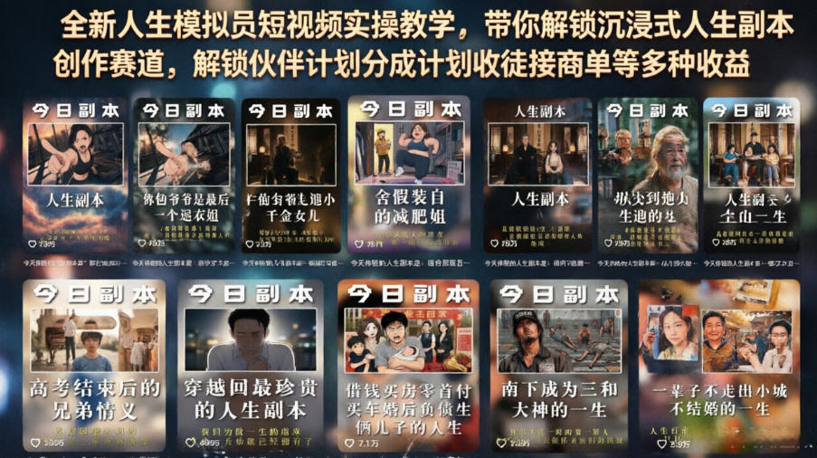 全新人生模拟员短视频实操教学，带你解锁沉浸式人生副本创作赛道，解锁伙伴计划分成计划收徒接商单等多种收益-聚富社