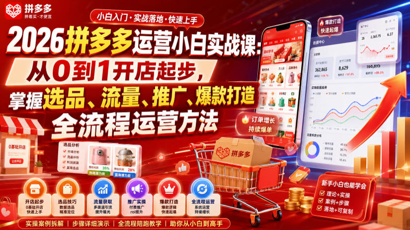 2026拼多多运营小白实战课：从0到1开店起步，掌握选品、流量、推广、爆款打造全流程运营方法-聚富社