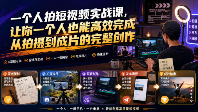 一个人拍短视频实战课，让你一个人也能高效完成从拍摄到成片的完整创作-聚富社