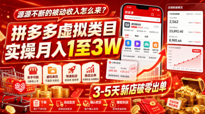 源源不断的被动收入怎么来？拼多多虚拟类目实操月入1至3W，3-5天新店破零出单-聚富社