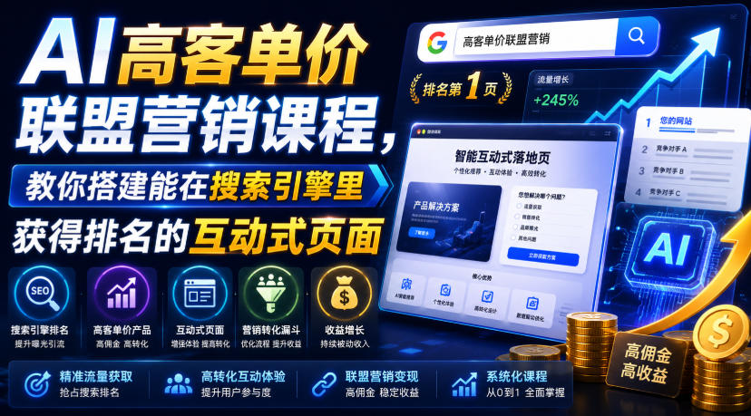 AI高客单价联盟营销课程，教你搭建能在搜索引擎里获得排名的互动式页面，引来流量，把访客转化为高佣金的成交【原创双语字幕】-聚富社