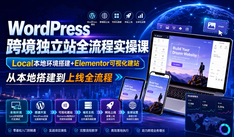 WordPress跨境独立站全流程实操课｜Local本地环境搭建+Elementor可视化建站，从本地搭建到上线全流程-聚富社
