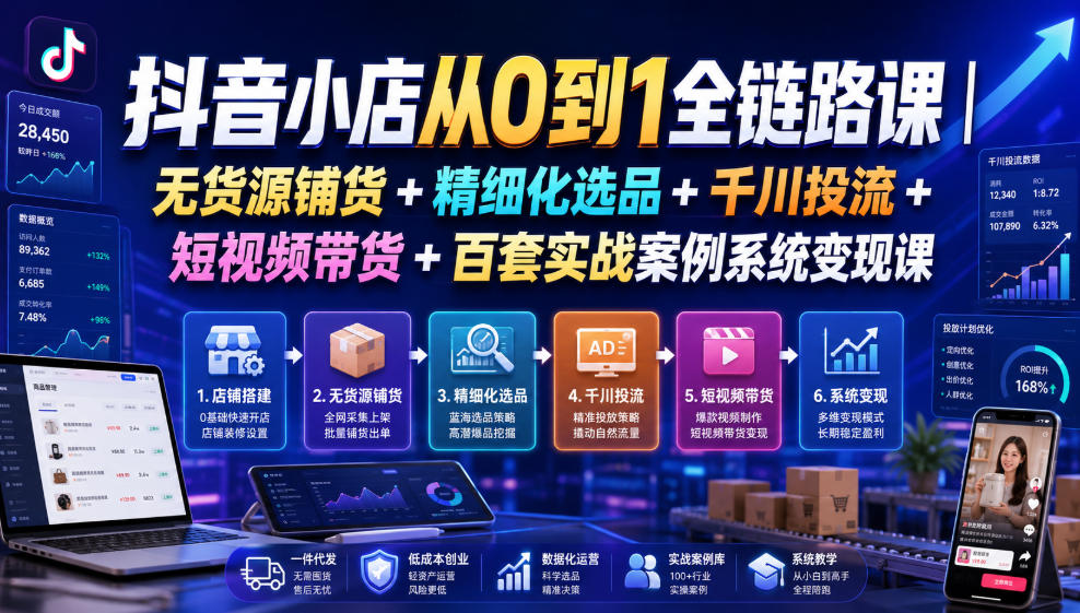 抖音小店从0到1全链路课｜无货源铺货+精细化选品+千川投流+短视频带货+百套实战案例系统变现课（2026年7月更新）-聚富社