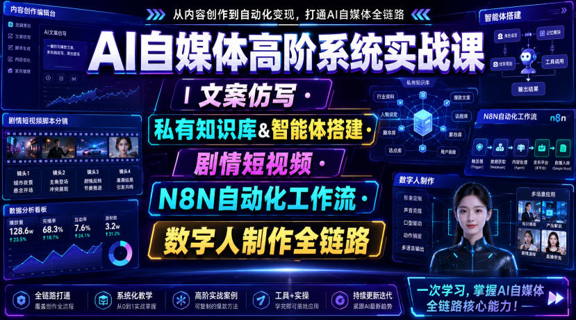 AI自媒体高阶系统实战课｜文案仿写・私有知识库&智能体搭建・剧情短视频・N8N自动化工作流・数字人制作全链路-聚富社