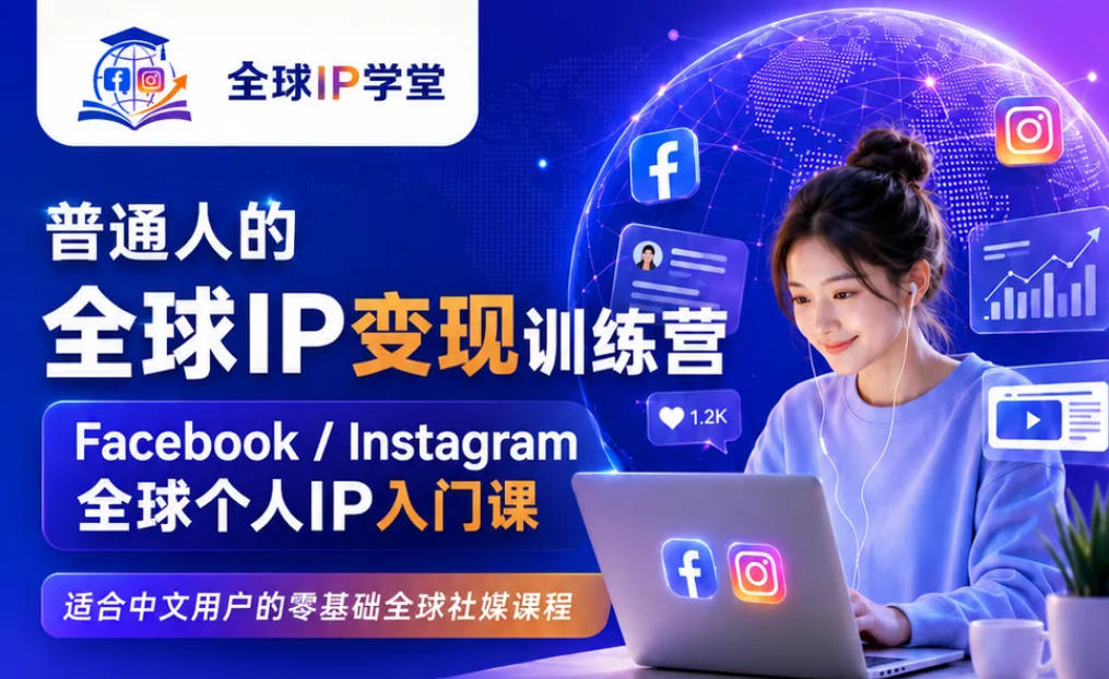 普通人的全球IP变现训练营，Facebook/Instagram全球个人IP入门课，零基础全球社媒课程-聚富社