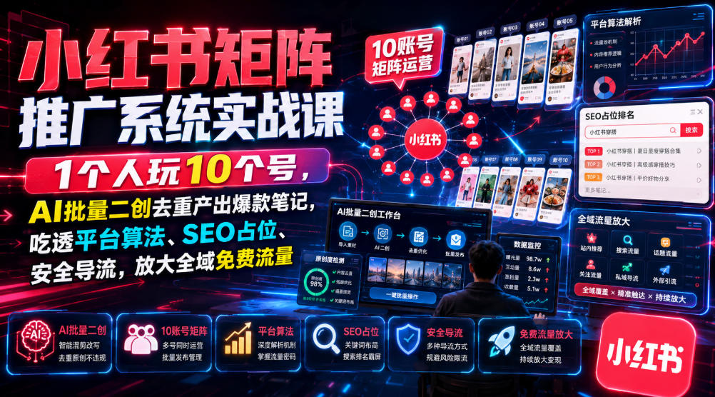 小红书矩阵推广系统实战课｜1个人玩10个号，AI批量二创去重产出爆款笔记，吃透平台算法、SEO占位、安全导流，放大全域免费流量-聚富社