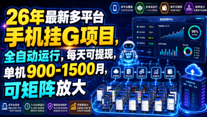 26年最新多平台手机挂G项目，全自动运行，每天可提现，单机900-1500月，可矩阵放大【揭秘】-聚富社