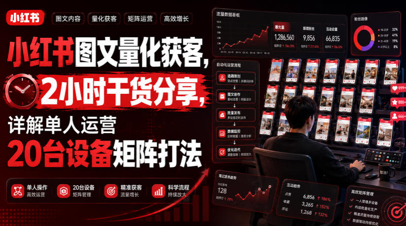 小红书图文量化获客，2小时干货分享，详解单人运营20台设备矩阵打法-聚富社