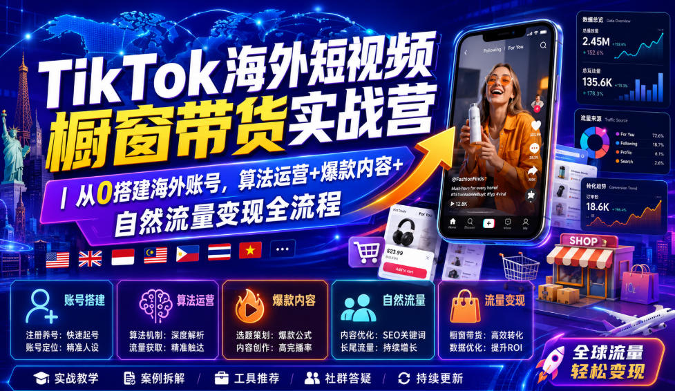 TikTok海外短视频橱窗带货实战营｜从0搭建海外账号，算法运营+爆款内容+自然流量变现全流程-聚富社