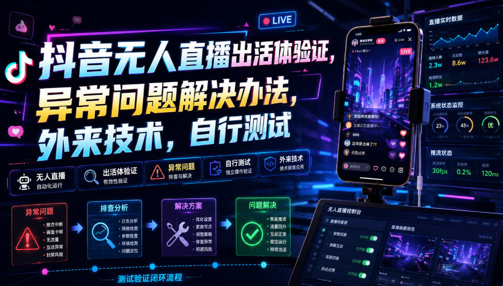 抖音无人直播出活体验证，异常问题解决办法，外来技术，自行测试-聚富社