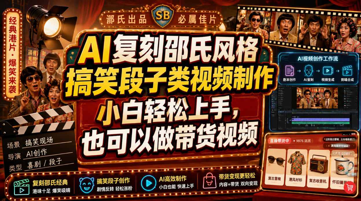 AI复刻邵氏风格搞笑段子类视频制作，小白轻松上手，也可以做带货视频-聚富社