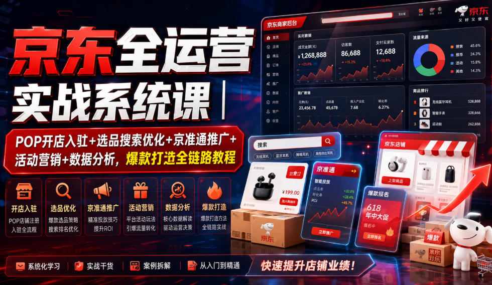 京东全运营实战系统课｜POP开店入驻+选品搜索优化+京准通推广+活动营销+数据分析，爆款打造全链路教程-聚富社