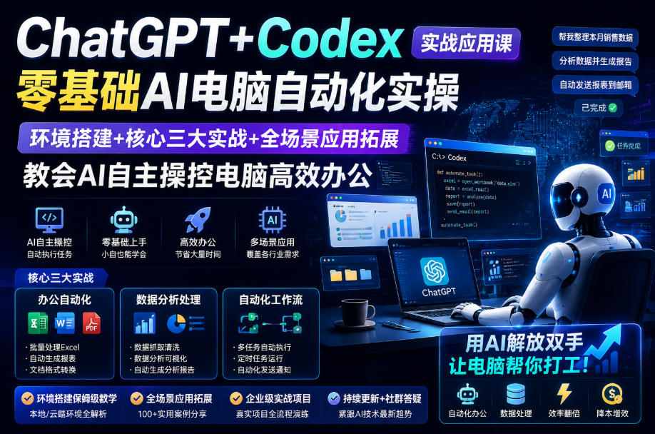 ChatGPT+Codex实战应用课｜零基础AI电脑自动化实操，环境搭建+核心三大实战+全场景应用拓展，教会AI自主操控电脑高效办公-聚富社