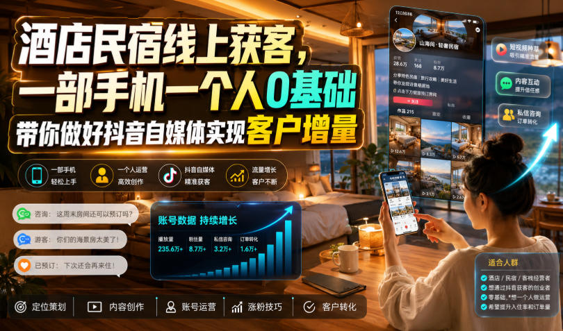 酒店民宿线上获客，一部手机一个人0基础带你做好抖音自媒体实现客户增量-聚富社