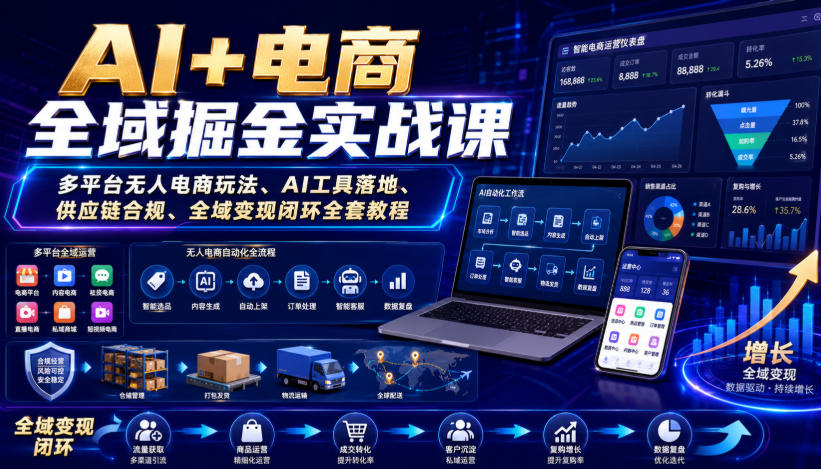 AI+电商全域掘金实战课｜多平台无人电商玩法、AI工具落地、供应链合规、全域变现闭环全套教程-聚富社