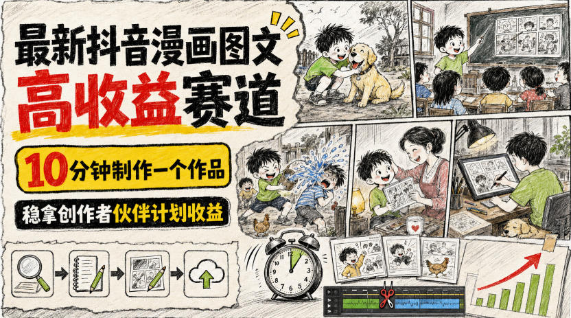 最新抖音漫画图文高收益赛道，10分钟制作一个作品，稳拿创作者伙伴计划收益-聚富社