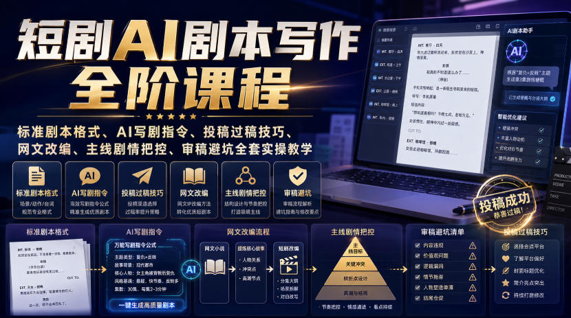 短剧AI剧本写作全阶课程｜标准剧本格式、AI写剧指令、投稿过稿技巧、网文改编、主线剧情把控、审稿避坑全套实操教学-聚富社