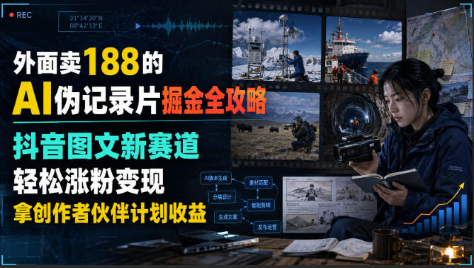 外面卖188的AI伪记录片掘金全攻略,抖音图文新赛道,轻松涨粉变现,拿创作者伙伴计划收益【文档】(更新)