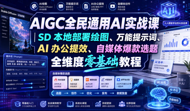 AIGC全民通用AI实战课｜SD本地部署绘图、万能提示词、AI办公提效、自媒体爆款选题全维度零基础教程-聚富社