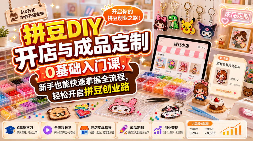 拼豆DIY开店与成品定制0基础入门课，新手也能快速掌握全流程，轻松开启拼豆创业路-聚富社