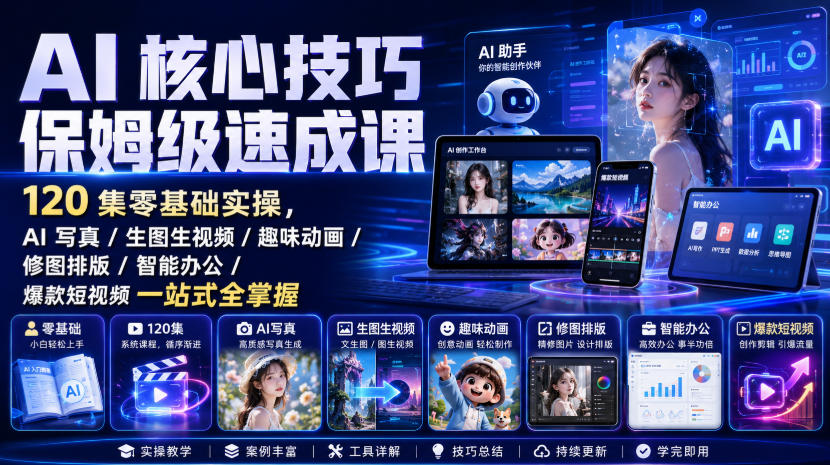 AI核心技巧保姆级速成课｜120集零基础实操，AI写真/生图生视频/趣味动画/修图排版/智能办公/爆款短视频一站式全掌握（更新）-聚富社