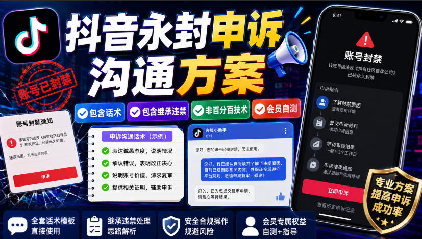 抖音永封申诉沟通方案，包含话术，包含继承违禁，非百分百技术，会员自测-聚富社