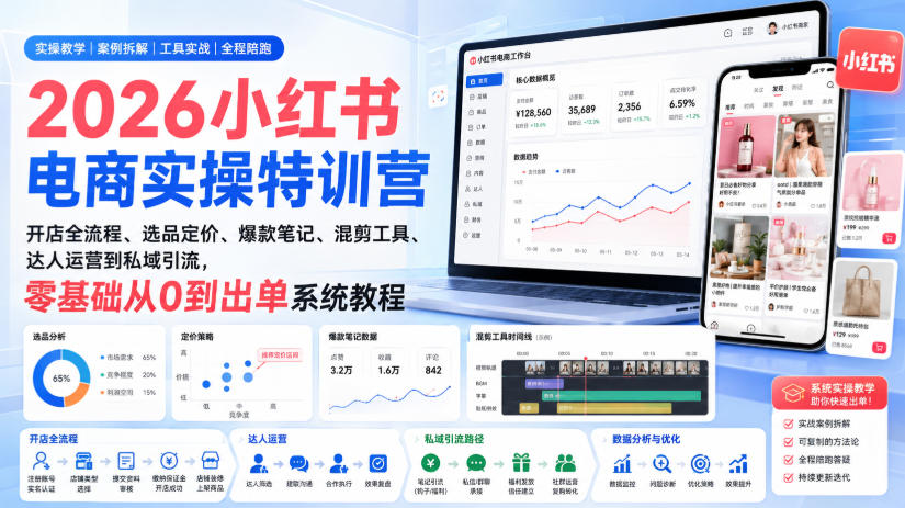 2026小红书电商实操特训营｜开店全流程、选品定价、爆款笔记、混剪工具、达人运营到私域引流，零基础从0到出单系统教程-聚富社