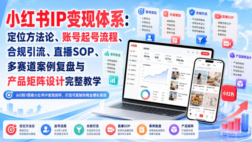 小红书IP变现体系：定位方法论、账号起号流程、合规引流、直播SOP、多赛道案例复盘与产品矩阵设计完整教学-聚富社