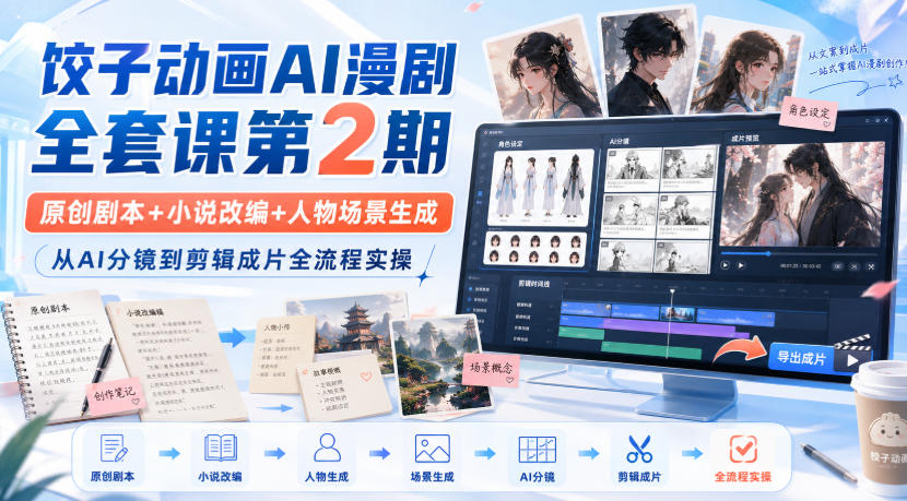 饺子动画AI漫剧全套课第2期：原创剧本+小说改编+人物场景生成，从AI分镜到剪辑成片全流程实操-聚富社