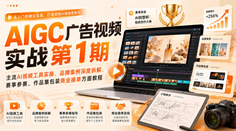 AIGC广告视频实战第1期，主流AI视频工具实操、品牌案例深度拆解、赛事参赛、作品集包装商业接单方面教程-聚富社