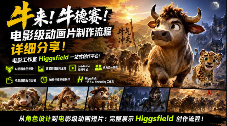 牛来！牛德赛！电影级动画片制作流程详细分享！电影工作室Higgsfield一站式创作平台，完整创作流程-聚富社