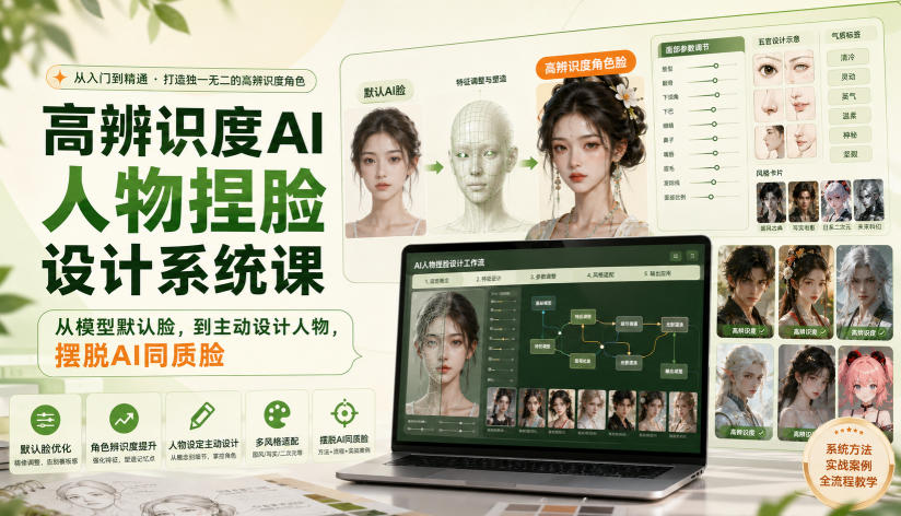 高辨识度AI人物捏脸设计系统课，从模型默认脸，到主动设计人物，摆脱AI同质脸-聚富社