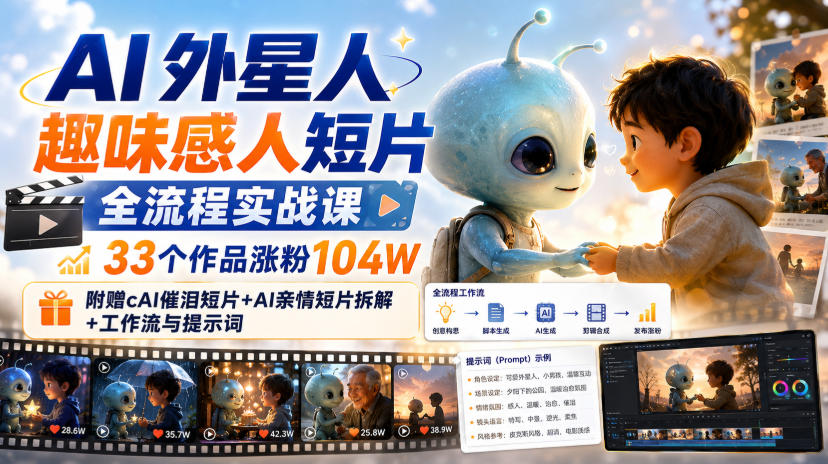 AI外星人趣味感人短片全流程实战课，33个作品涨粉104W，附赠AI催泪短片+AI亲情短片拆解+工作流与提示词-聚富社