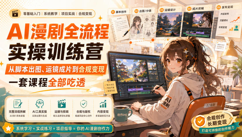 AI漫剧全流程实操训练营，从脚本出图、运镜成片到合规变现，一套课程全部吃透-聚富社