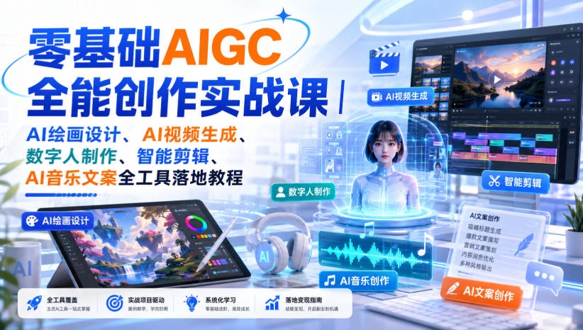 零基础AIGC全能创作实战课｜AI绘画设计、AI视频生成、数字人制作、智能剪辑、AI音乐文案全工具落地教程-聚富社