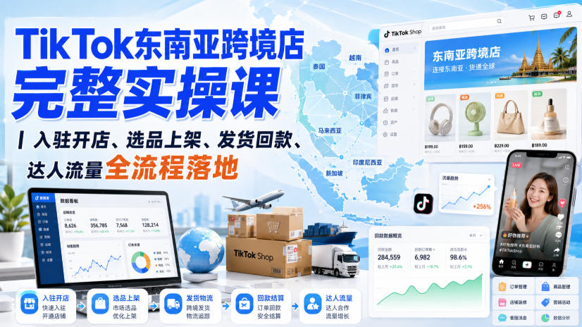 TikTok东南亚跨境店完整实操课｜入驻开店、选品上架、发货回款、达人流量全流程落地-聚富社