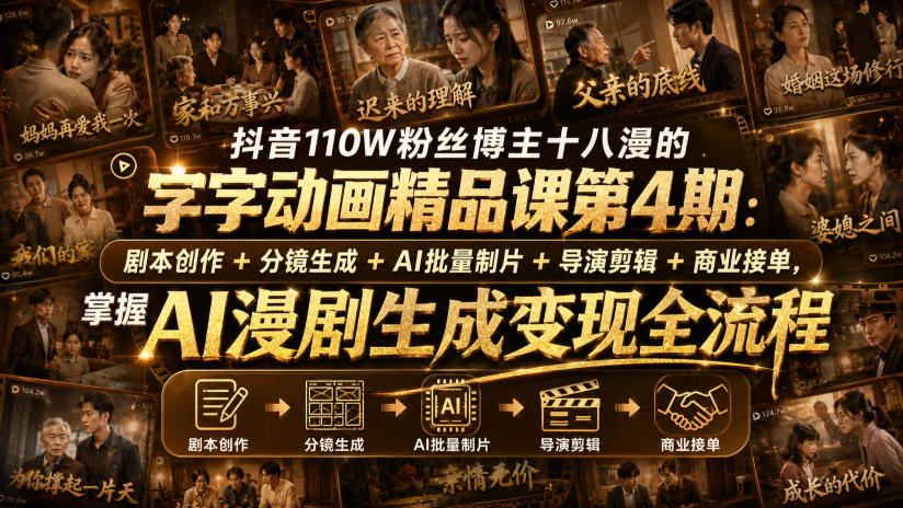 抖音110W粉丝博主十八漫的字字动画精品课第4期：剧本创作+分镜生成+剪辑+商业接单，掌握AI漫剧生成变现全流程-聚富社