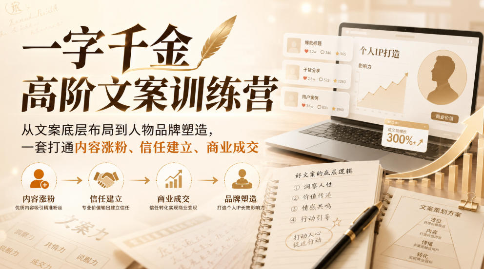 一字千金高阶文案训练营，从文案底层布局到人物品牌塑造，一套打通内容涨粉、信任建立、商业成交-聚富社