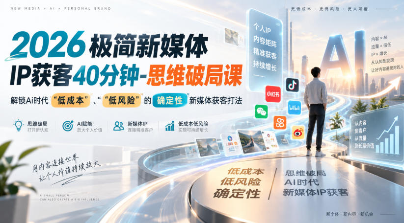 2026极简新媒体IP获客40分钟-思维破局课，解锁Ai时代“低成本”、“低风险”的确定性新媒体获客打法-聚富社