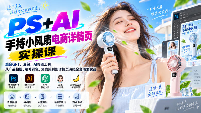 PS+AI手持小风扇电商详情页实操课｜结合GPT、豆包、AI修图工具，从产品拍摄、精修调色、文案策划到详情页海报全套落地实战-聚富社