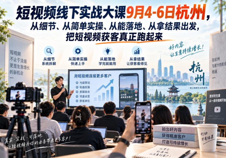 短视频线下实战大课9月4-6日杭州,从细节、从简单实操、从能落地、从拿结果出发,把短视频获客真正跑起来(更新)