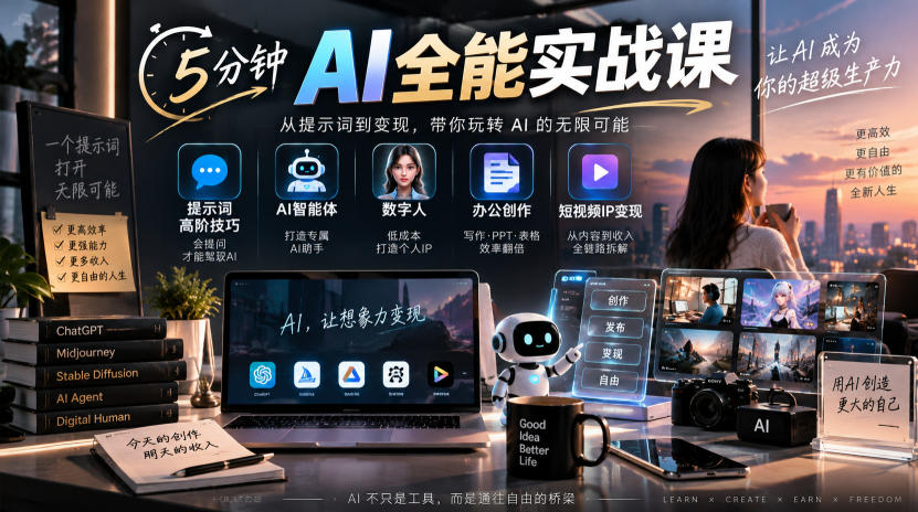 5分钟AI全能实战课｜提示词高阶技巧+AI智能体+数字人+办公创作+短视频IP变现全教程-聚富社