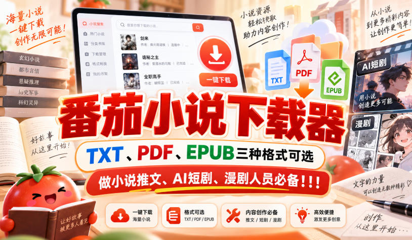 番茄小说下载器，TXT、PDF、EPUB三种格式可选，做小说推文、AI短剧、漫剧人员必备！！！-聚富社