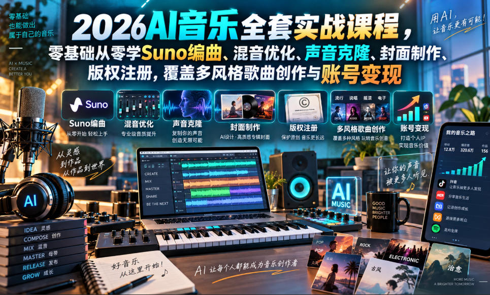 2026AI音乐实战课程，零基础从零学Suno编曲、混音优化、声音克隆、版权注册，覆盖多风格歌曲创作与账号变现（更新0921）-聚富社