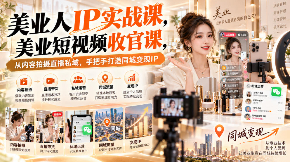 【无水印】美业人IP实战课，美业短视频收官课，从内容拍摄直播私域，手把手打造同城变现IP-聚富社