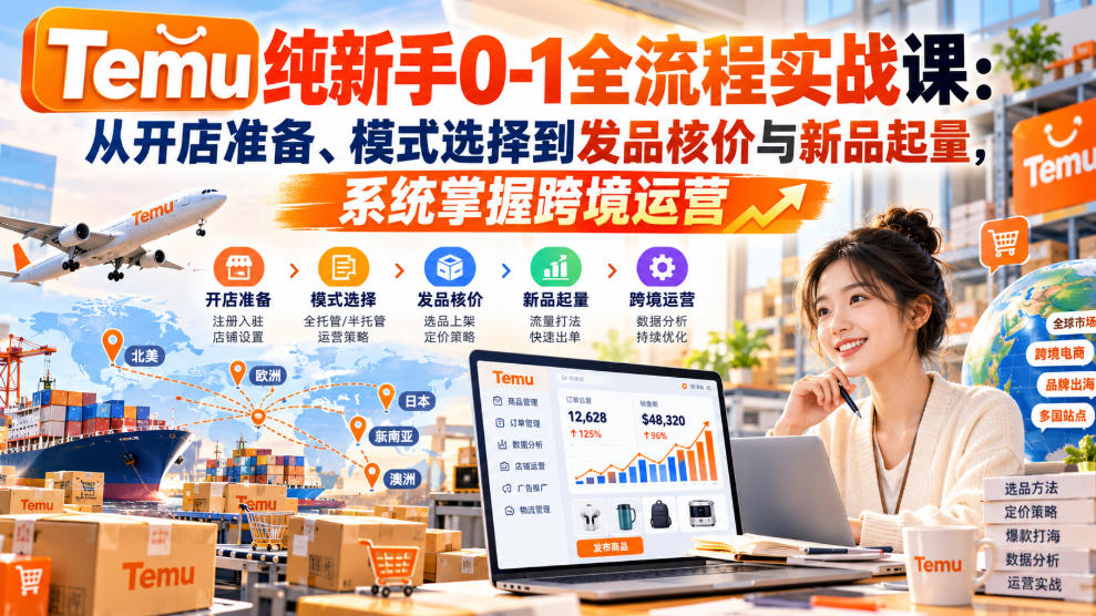 【无水印】Temu纯新手0-1全流程实战课:从开店准备、模式选择到发品核价与新品起量,系统掌握跨境运营