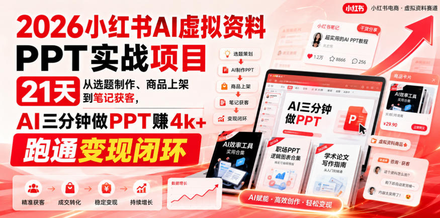 2026小红书AI虚拟资料PPT实战项目，21天从选题制作、商品上架到笔记获客，AI三分钟做PPT赚4k+跑通变现闭环-聚富社