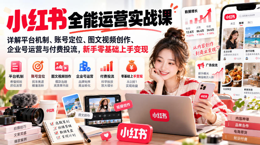 小红书全能运营实战课，详解平台机制、账号定位、图文视频创作、企业号运营与付费投流，新手零基础上手变现-聚富社